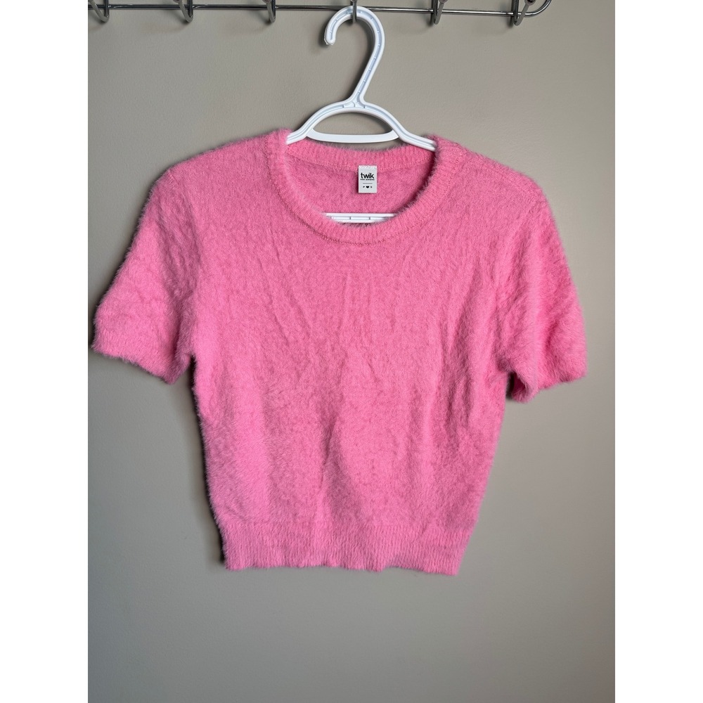 twik Womens Pink Fuzzy Short Sleeve Sweater S Barbiecore Coquette Soft Girl